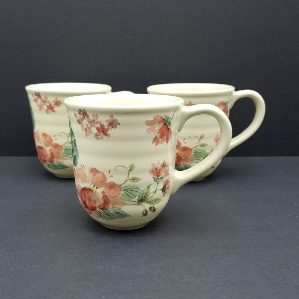 Pfaltzgraff Silk Rose Mugs Roses Pink Red Flowers on Weathered Ivory Mugs